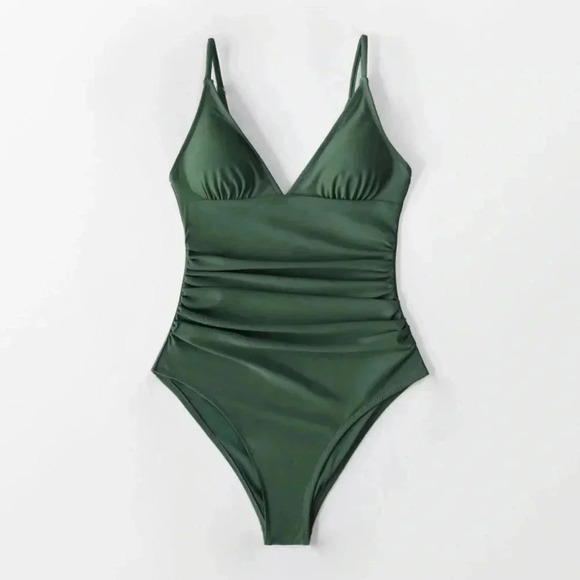 Cupshe Medium Army Green One-Piece Adjustable Strap Ruched Bathing Suit - Picture 3 of 6